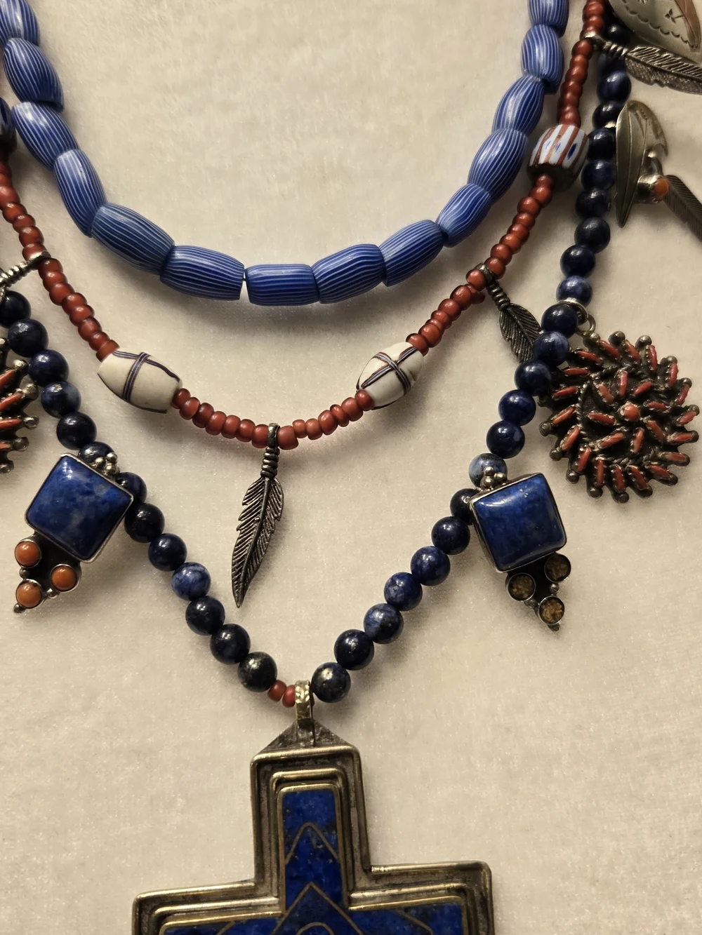 Vintage 925 Tasco Layered Blue & Coral Beaded Cross Necklace - Unbranded